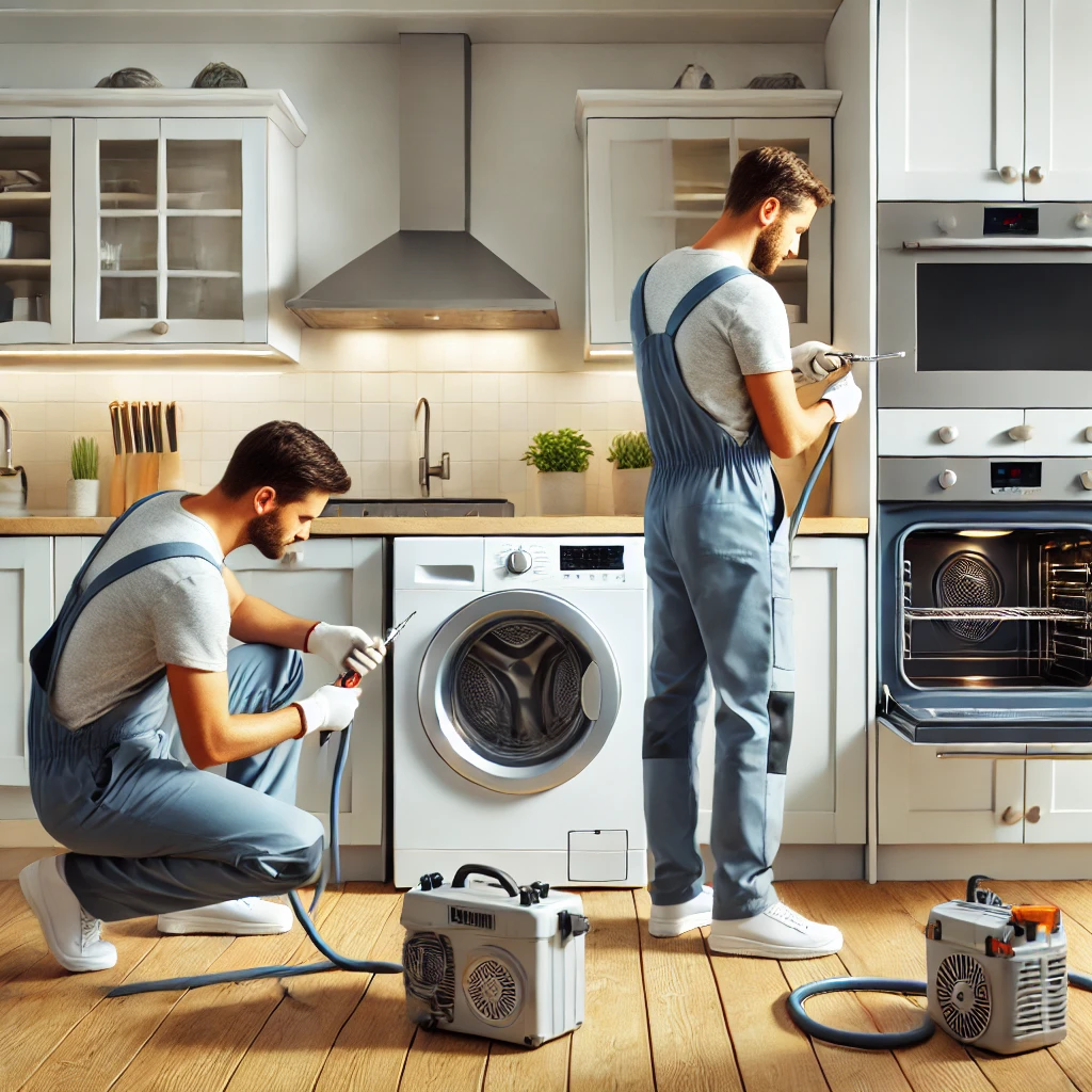 DALL·E 2025-01-05 14.59.37 - A scene showing two professional technicians working in a modern home setting_ one is installing a washing machine in a laundry room, connecting hoses