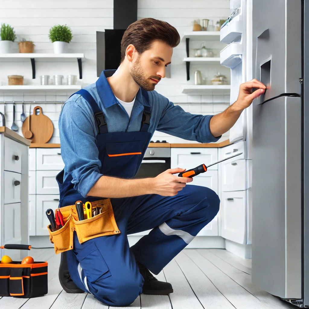 DALL·E 2025-03-03 16.00.04 - A male technician repairing a refrigerator in a modern kitchen. He is wearing a blue uniform with a tool belt and using a screwdriver. The background